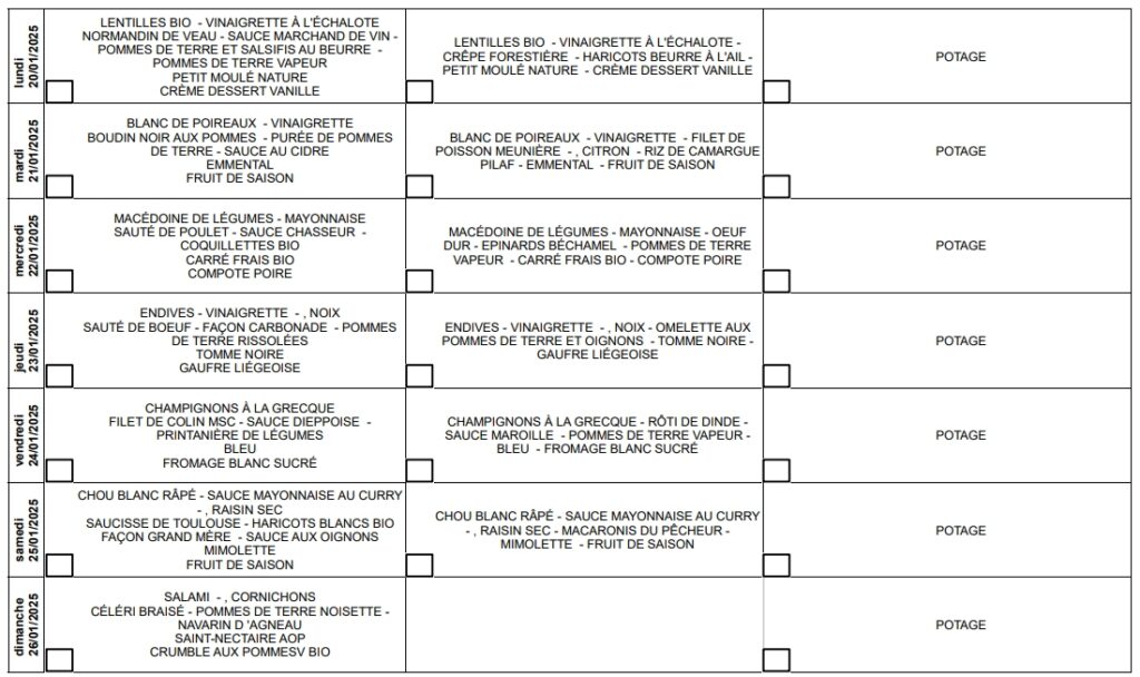 menus portage repas à domicile du 20 au 26 janvier 2025