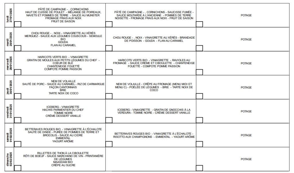 menus portage repas à domicile du 27 janvier au 2 février 2025