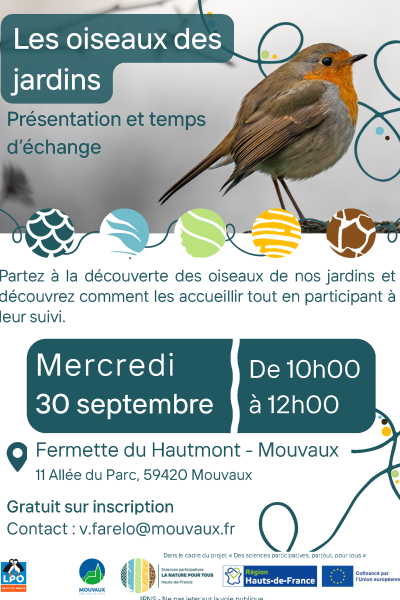 Les oiseaux des jardins, mercredi 30 septembre 2026 de 10h à 12h