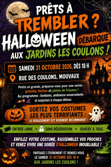 Soirée Halloween aux Jardins des Coulons, samedi 30/10 – 18H30