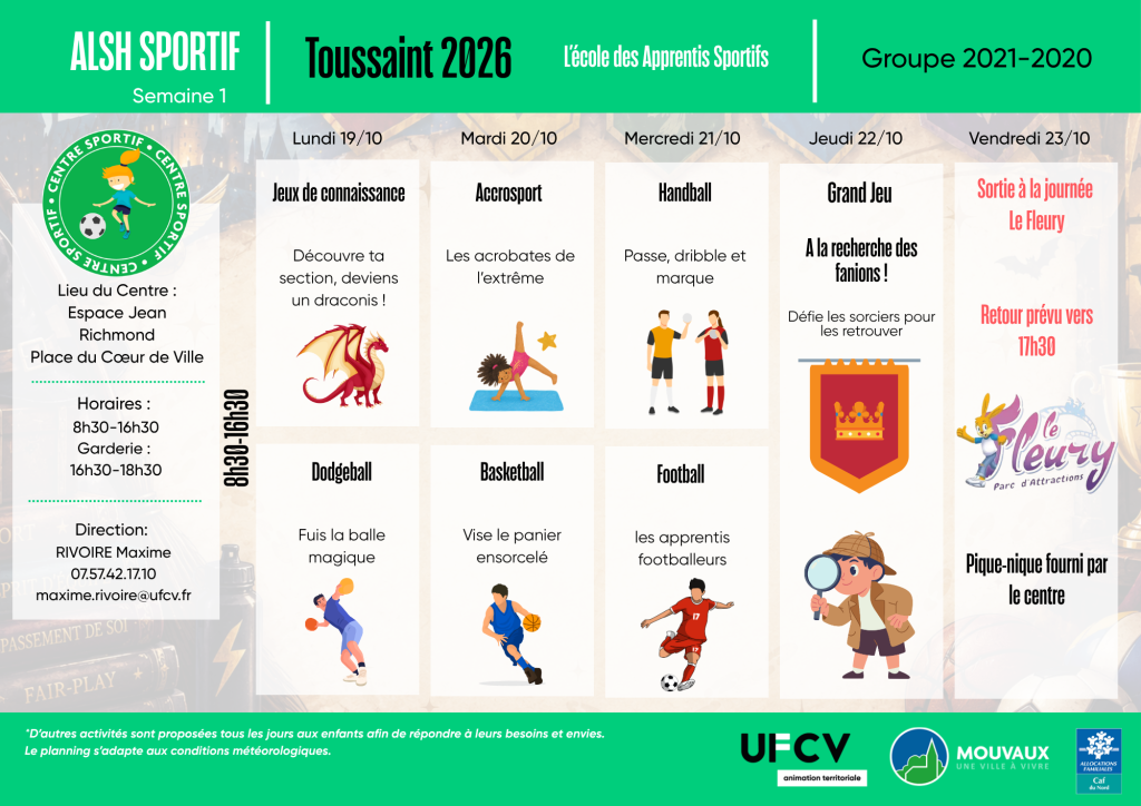 Planning des activités du centre sportif Toussaint 2026 du 19 au 23 octobre