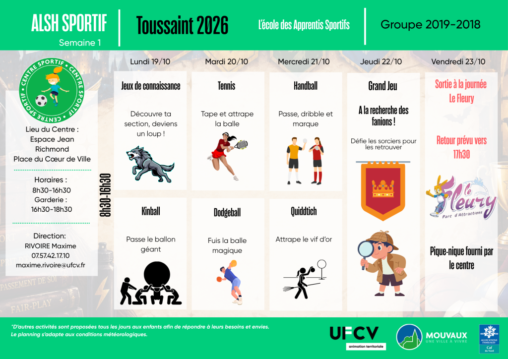 Planning des activités du centre sportif Toussaint 2026 du 19 au 23 octobre