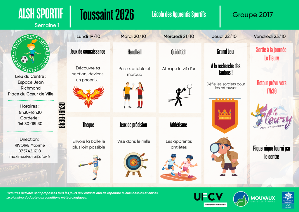 Planning des activités du centre sportif Toussaint 2026 du 19 au 23 octobre