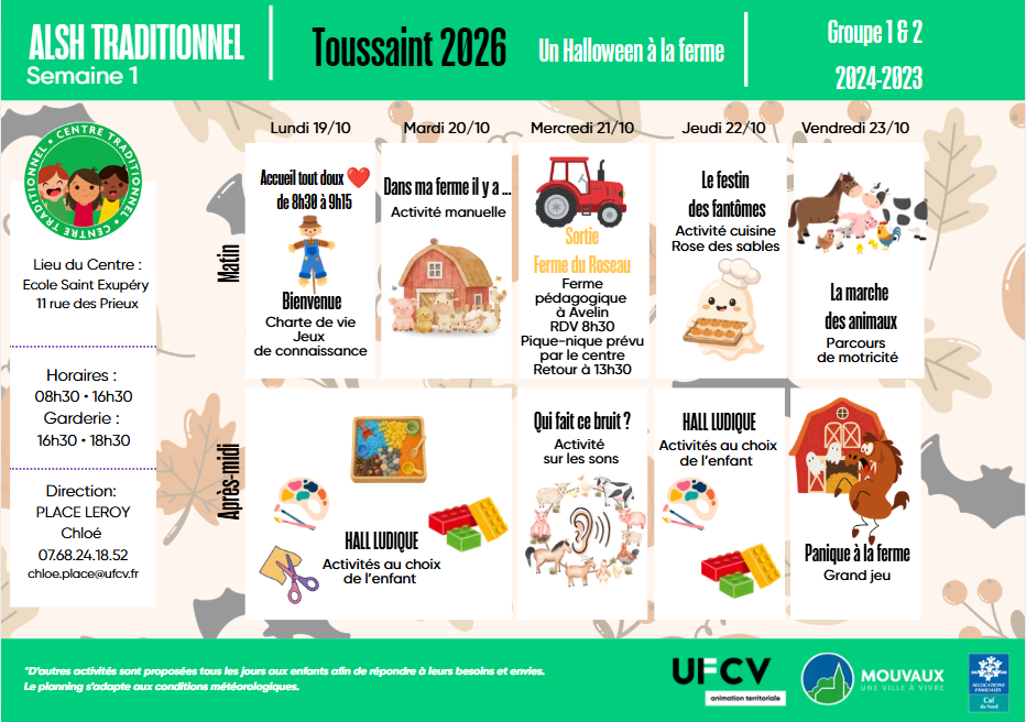 Planning des activités du centre traditionnel Toussaint 2026 du 19 au 23 octobre