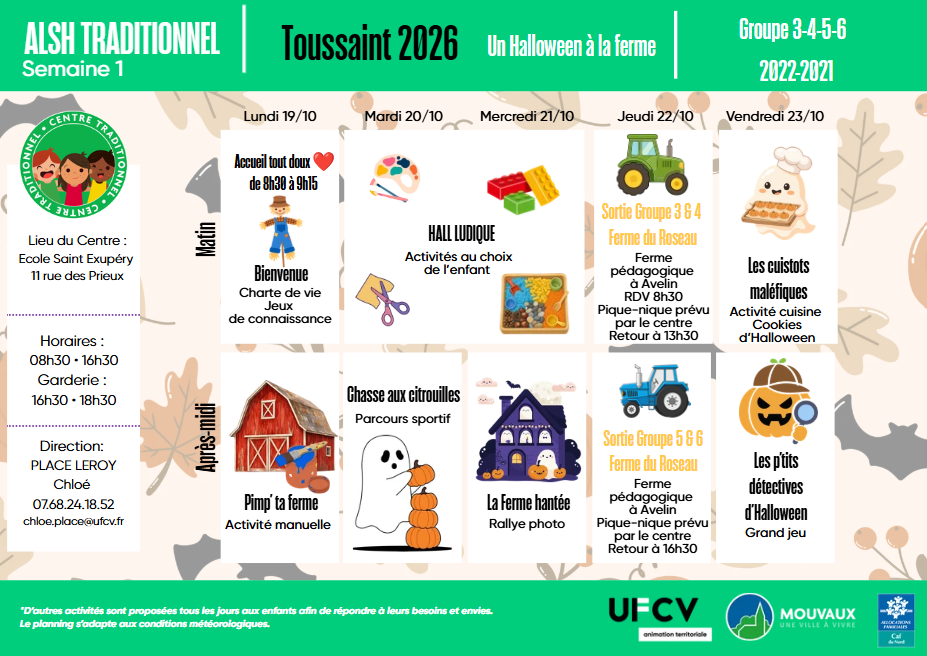 Planning des activités du centre traditionnel Toussaint 2026 du 19 au 23 octobre