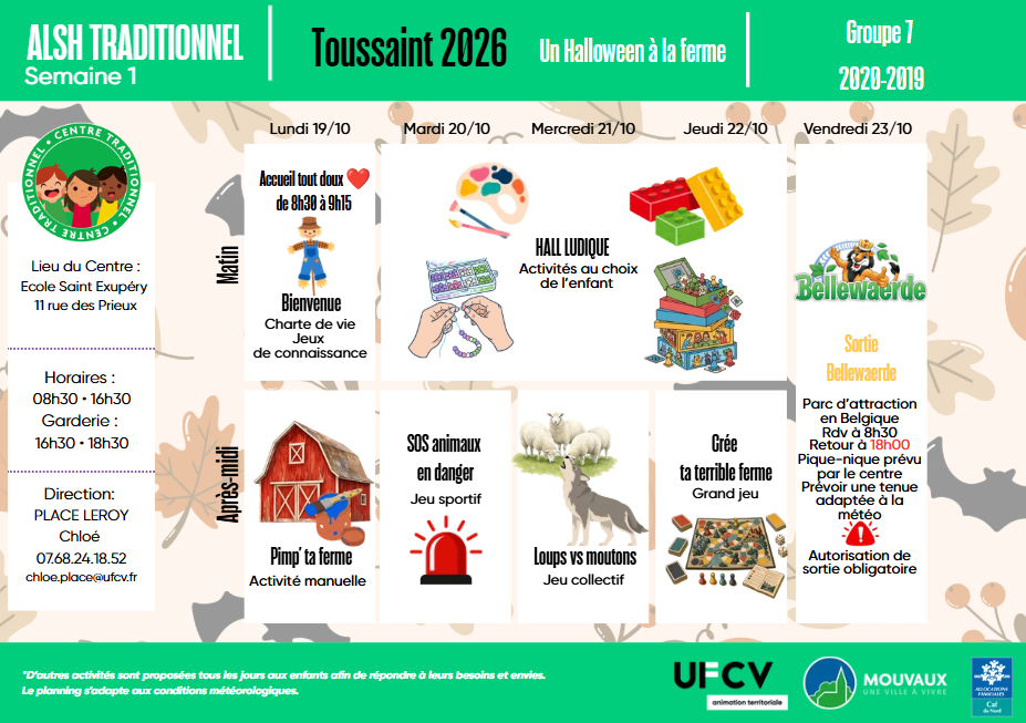 Planning des activités du centre traditionnel Toussaint 2026 du 19 au 23 octobre
