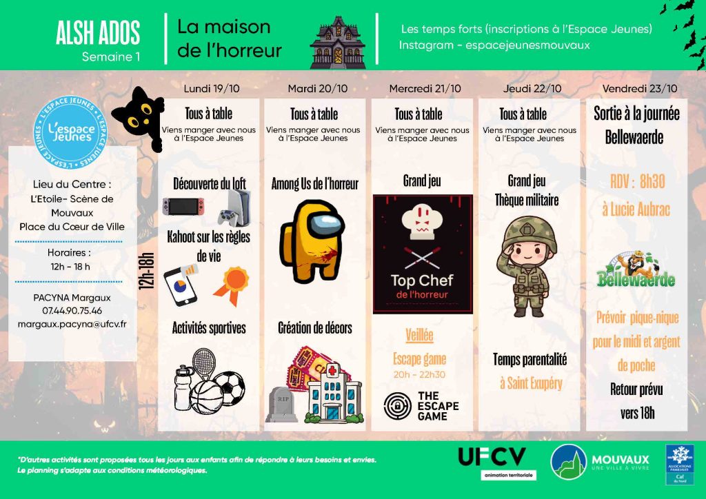 Planning des activités du centre Ados Toussaint 2026 du 19 au 23 octobre