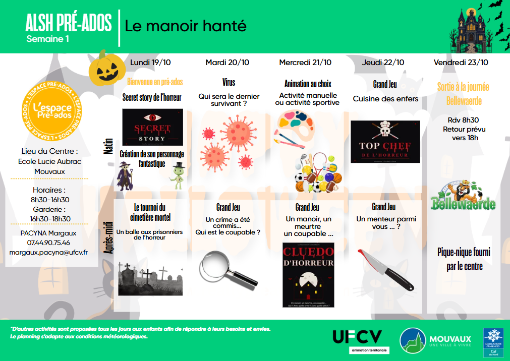 Planning des activités du centre pré Ados Toussaint 2026 du 19 au 23 octobre
