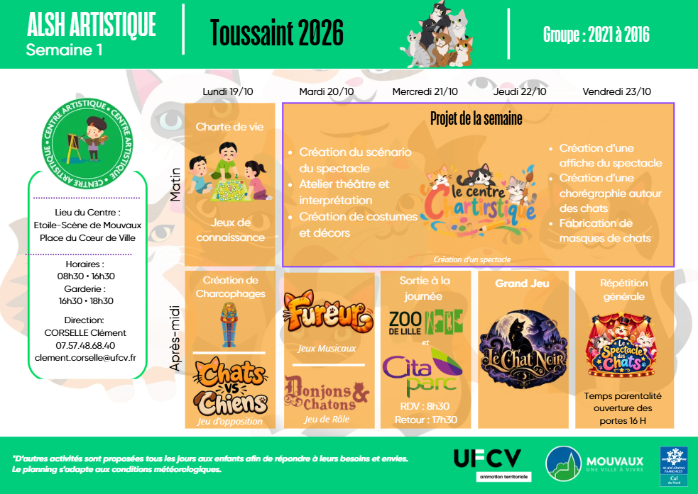 Planning des activités du centre artistique Toussaint 2026 du 19 au 23 octobre