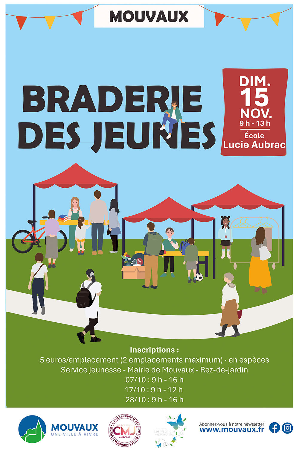 Braderie des jeunes organisée par le Conseil Municipal des jeunes de la Ville de Mouvaux arua lieu le dimanche 15 novembre 2026 à l'école Lucie Aubrac