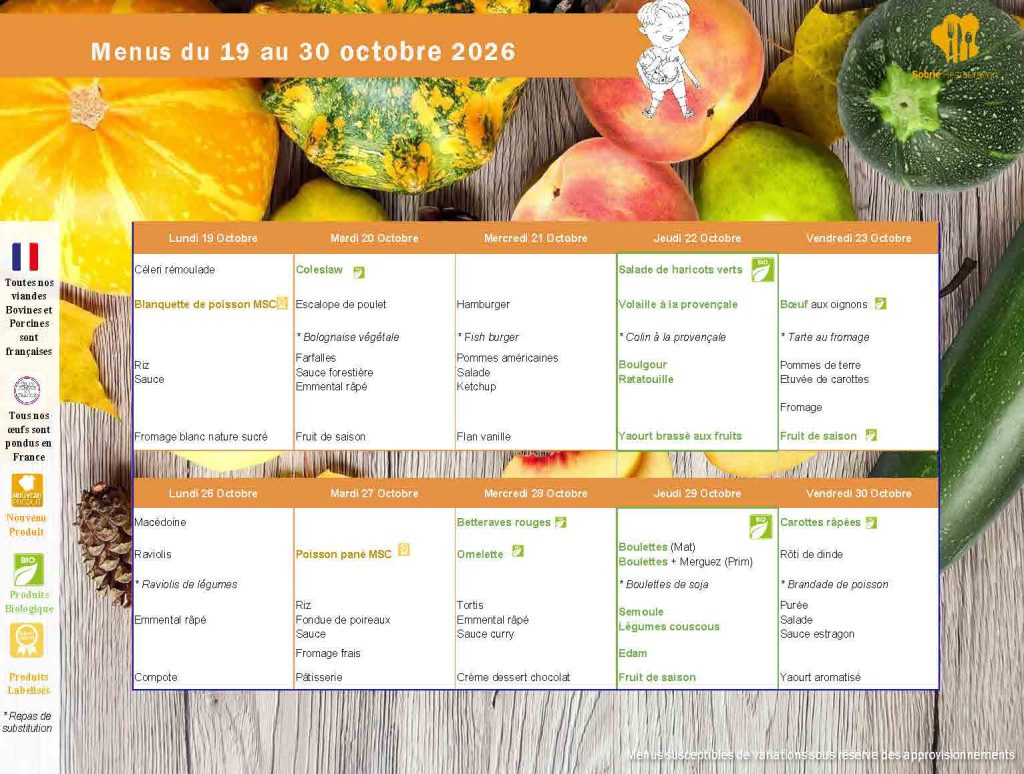 Menus de la restauration des accueils de loisirs - toussaint 2026