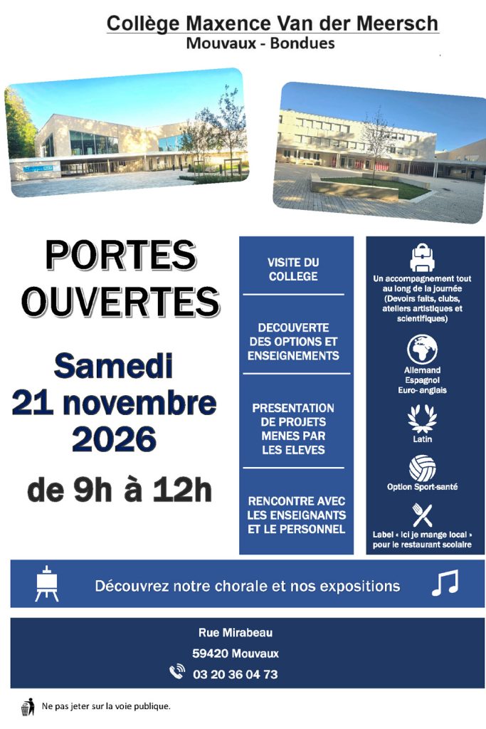 Portes ouvertes du collège Maxence Van der Meersch, samedi 21 novembre 2026 de 9h à 12h